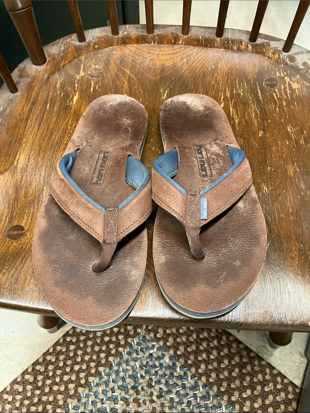 Hair Mari Men's Brown Leather Flip-Flop Sandals with Blue Lining